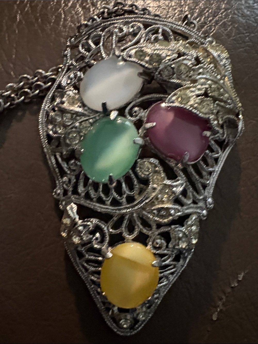 Silver Filigree Necklace with Green, Pink, Yellow & White can eye Cabochons